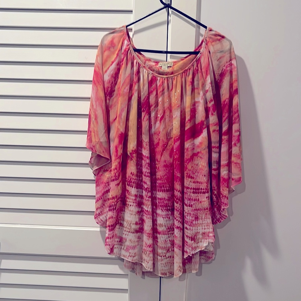 Abstract print tank top with sheer overlay in matching print on top